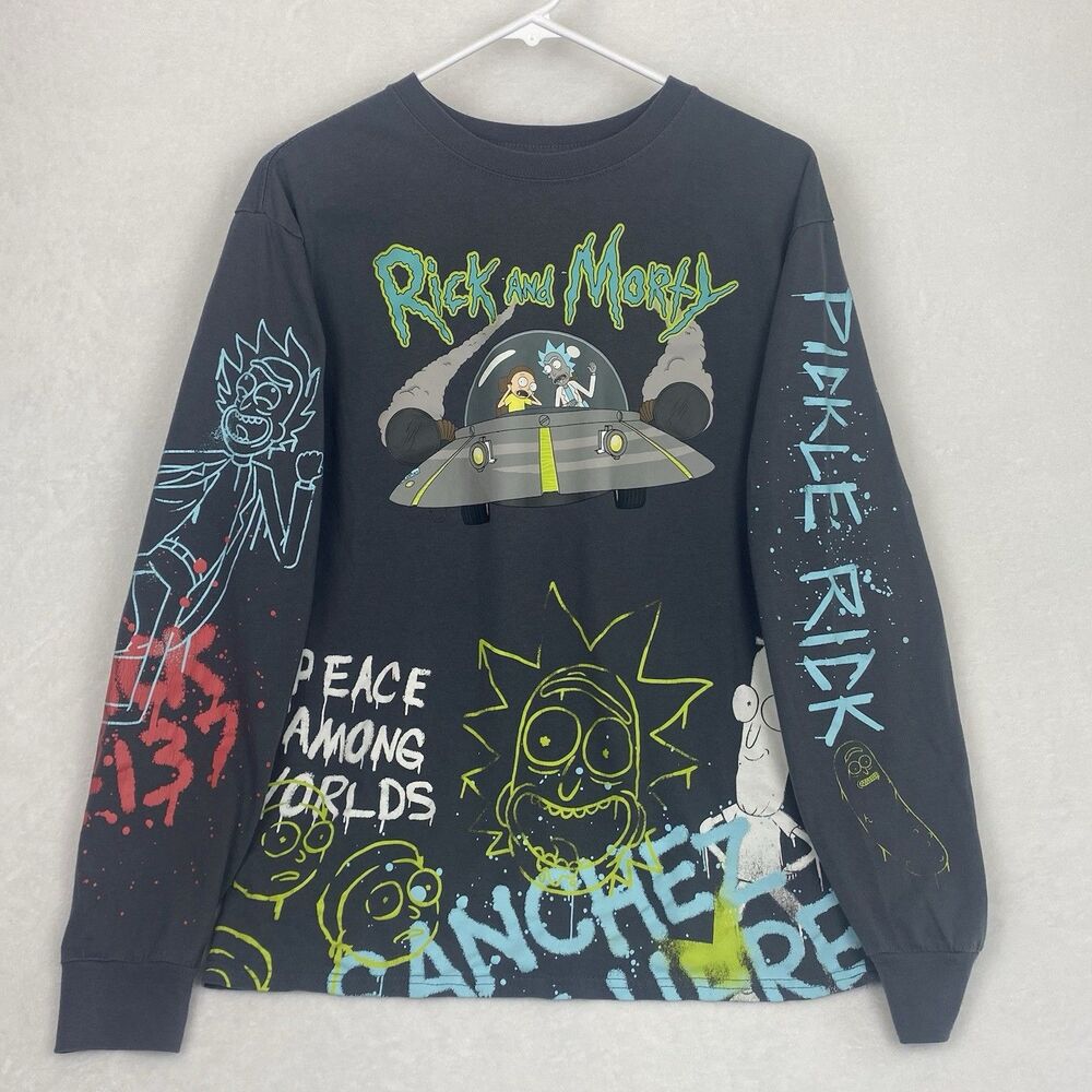 Ricky And Morty Graphic Shirt Mens Medium Gray Long Sleeve Crewneck Pullover
